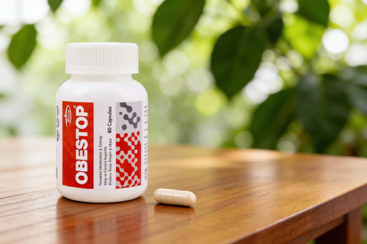 کپسول ابستاپ روی میز چوبی با پس زمینه سبز